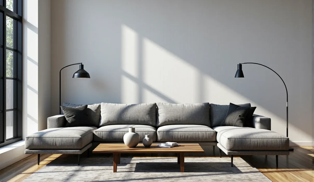 Szary narożnik modułowy z czarnymi lampami stojącymi w jasnym salonie