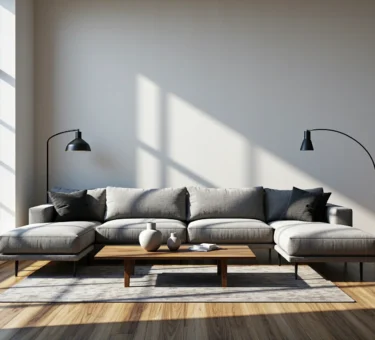 Szary narożnik modułowy z czarnymi lampami stojącymi w jasnym salonie