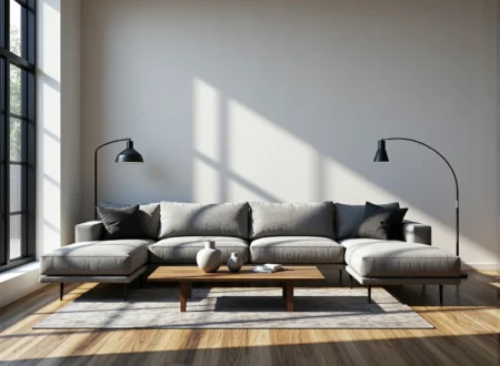 Szary narożnik modułowy z czarnymi lampami stojącymi w jasnym salonie