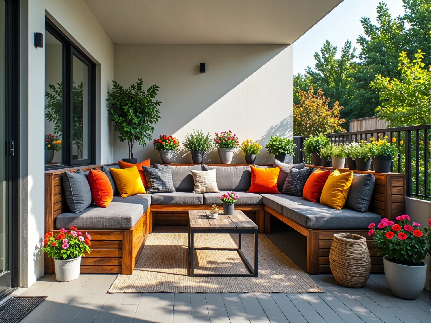 Modułowa sofa ogrodowa dopasowana do wymiarów niewielkiego ogrodu miejskiego.