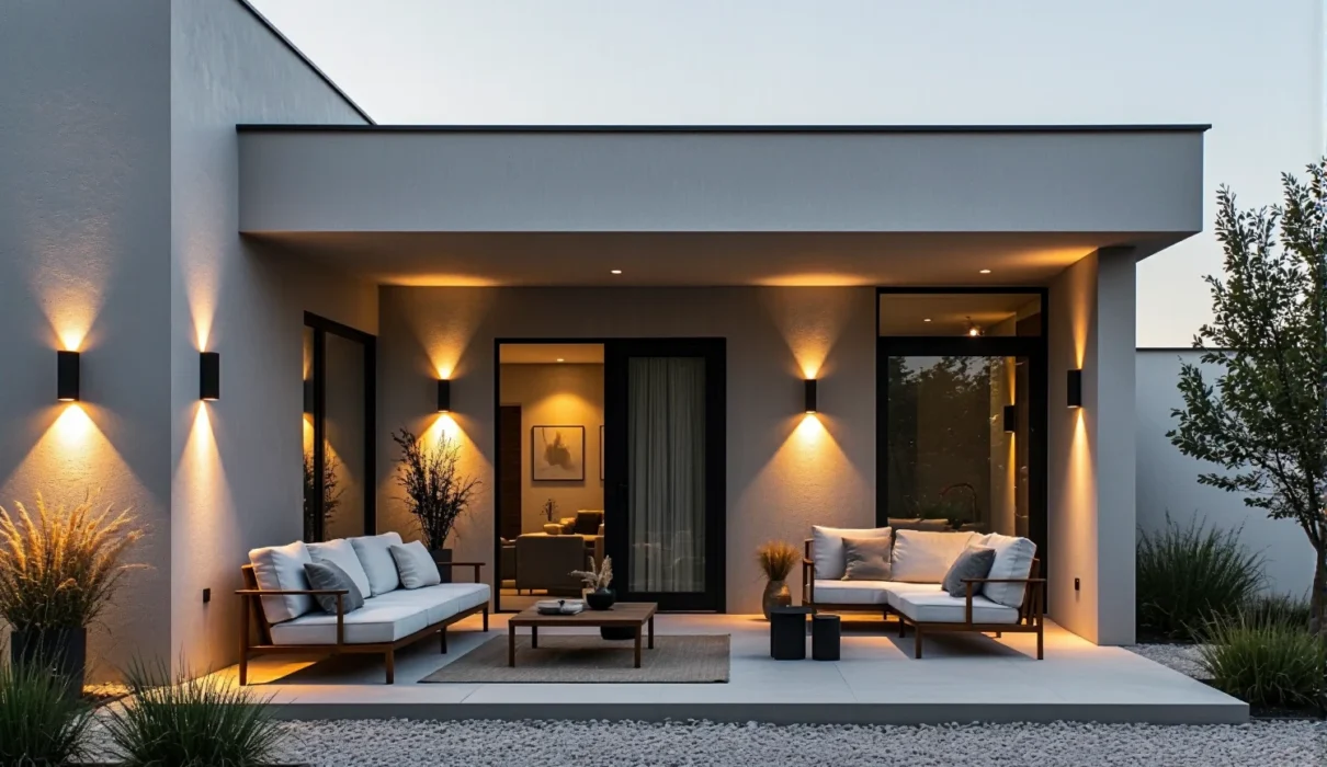 Nowoczesna willa z kinkietami elewacyjnymi i sofami na tarasie wieczorem