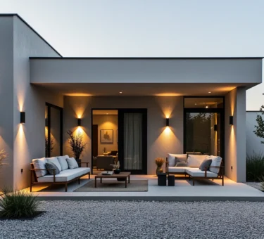 Nowoczesna willa z kinkietami elewacyjnymi i sofami na tarasie wieczorem