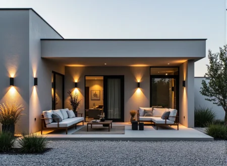 Nowoczesna willa z kinkietami elewacyjnymi i sofami na tarasie wieczorem