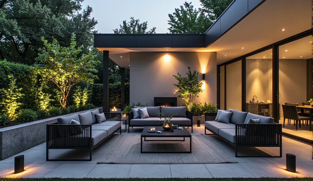 Nowoczesny taras z sofami na metalowej ramie i lampami słupkowymi wieczorem