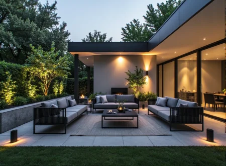 Nowoczesny taras z sofami na metalowej ramie i lampami słupkowymi wieczorem