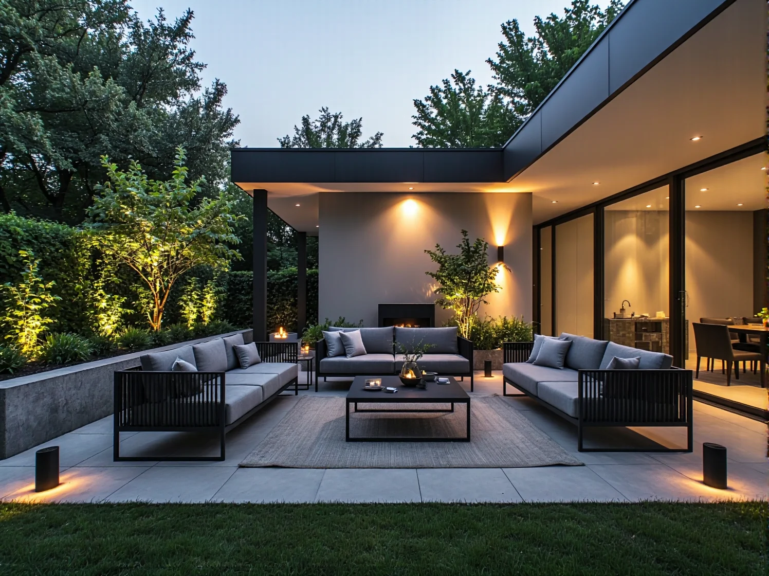 Nowoczesny taras z sofami na metalowej ramie i lampami słupkowymi wieczorem
