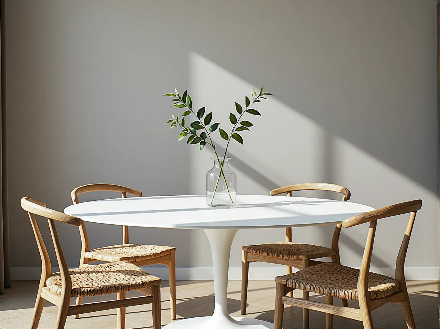 Nowoczesny salon w stylu minimalistycznym z prostą szarą sofą i drewnianym stolikiem kawowym.