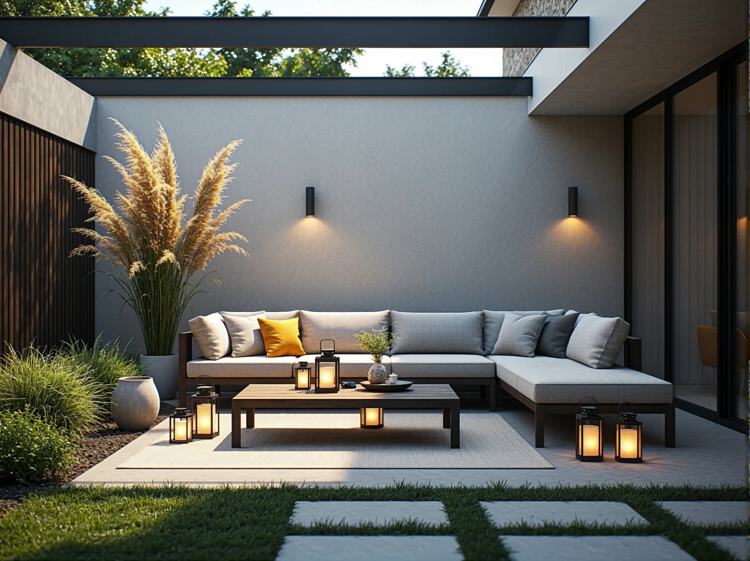 Wieczorny taras z ozdobnymi lampionami solarnymi tworzącymi przytulną atmosferę w ogrodzie.