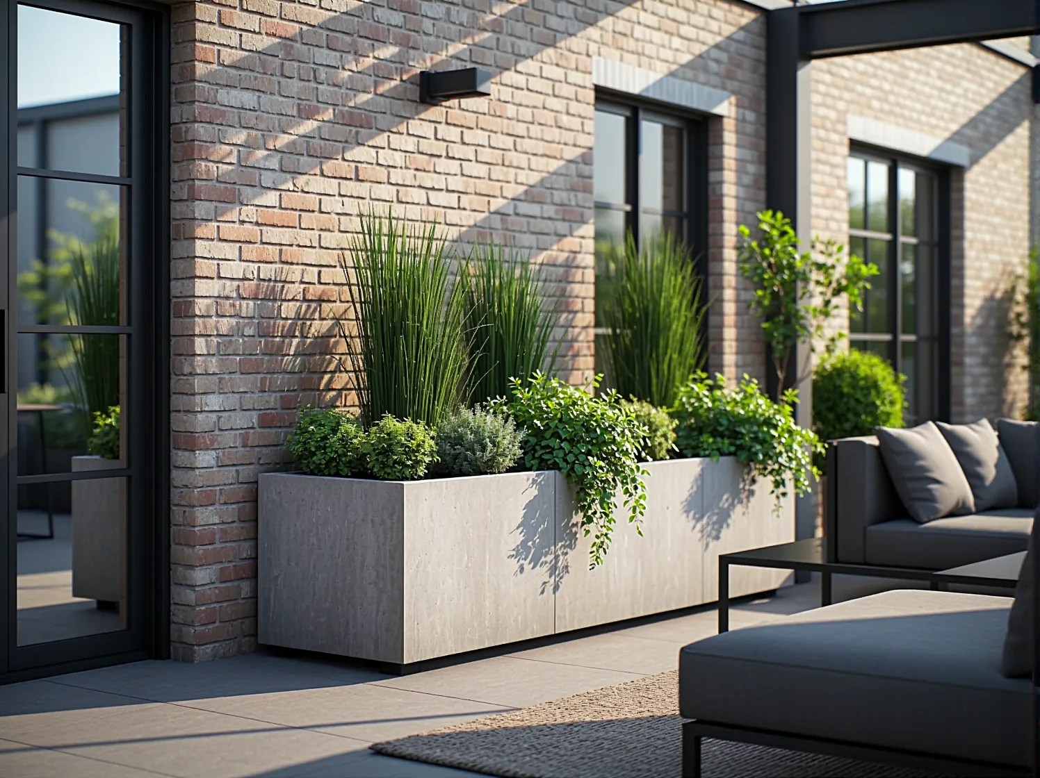 Stylowe oświetlenie tarasu industrialnego z lampami typu girlandy i metalowymi lampionami.