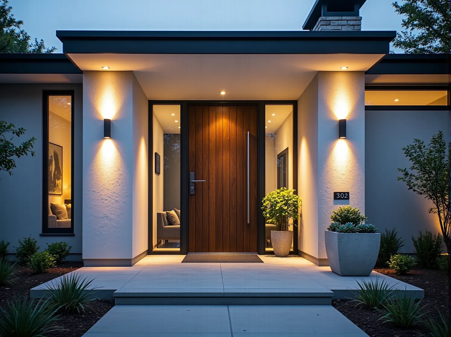 Oświetlenie zewnętrzne LED podkreślające surową teksturę betonowej ściany budynku.