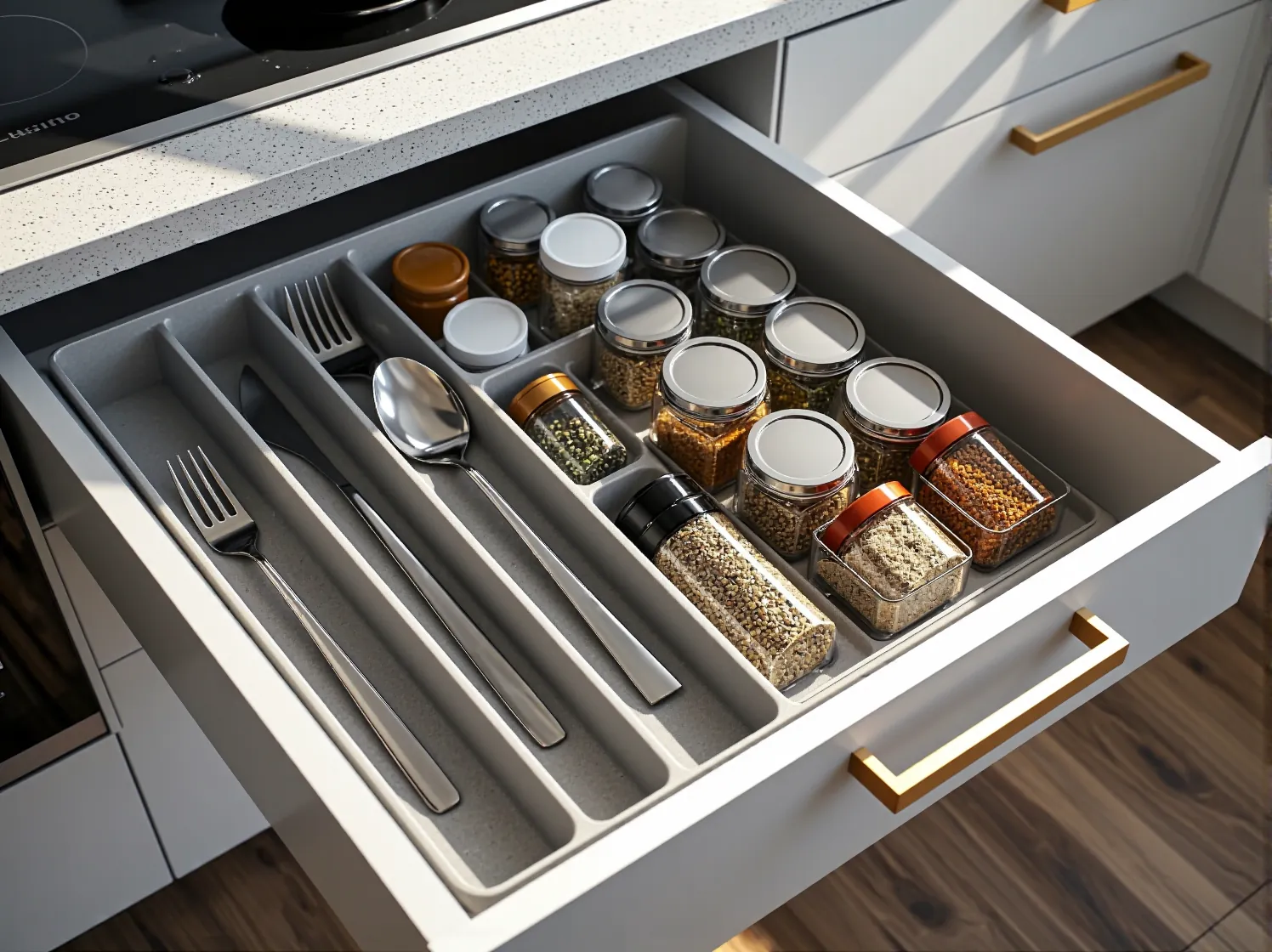 Pionowe półki w małej kuchni - oszczędność miejsca