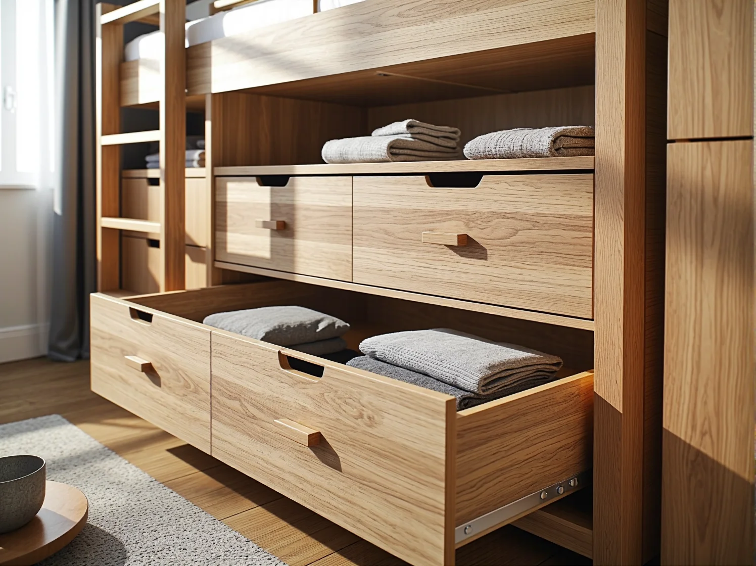 Pojemne szuflady pod łóżkiem piętrowym ułatwiające organizację w małym pokoju.