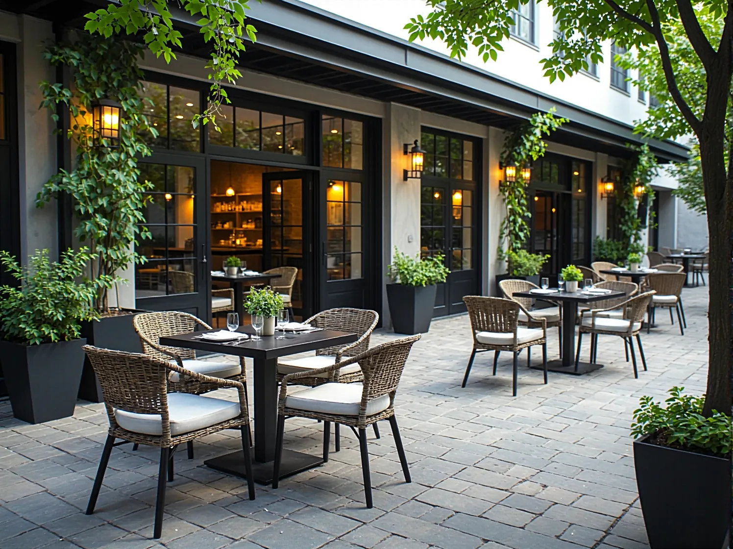 Taras restauracyjny z rattanowymi krzesłami i czarnymi stolikami wśród zieleni