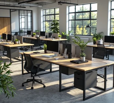 Przestrzeń coworkingowa z biurkami dębowymi i krzesłami ergonomicznymi