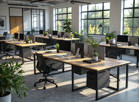 Przestrzeń coworkingowa z biurkami dębowymi i krzesłami ergonomicznymi