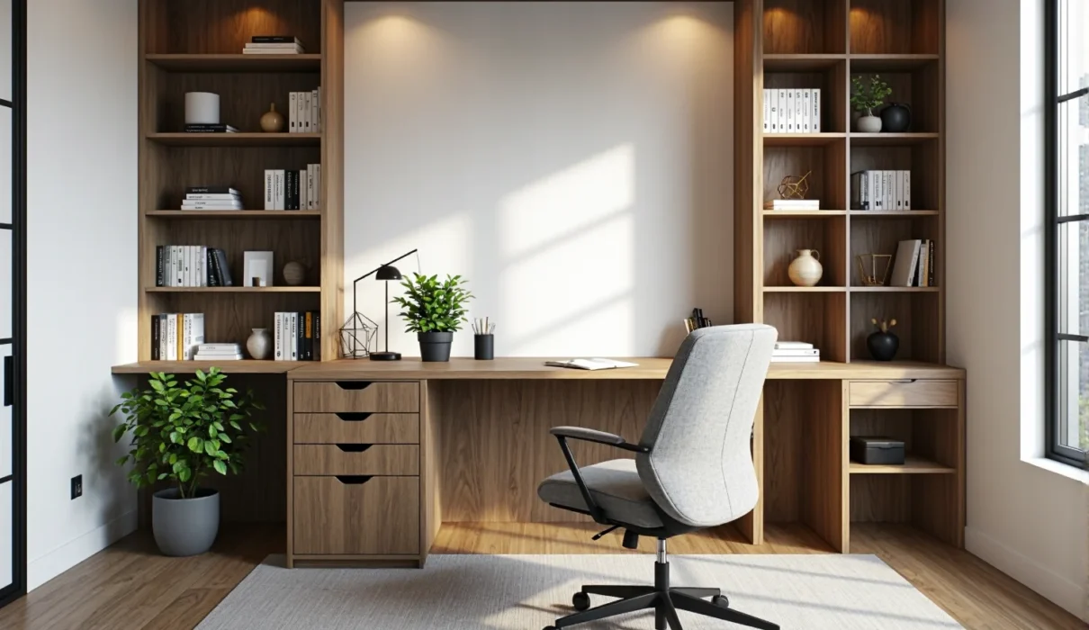 Gabinet domowy z biurkiem drewnianym i regałami wbudowanymi w ścianę