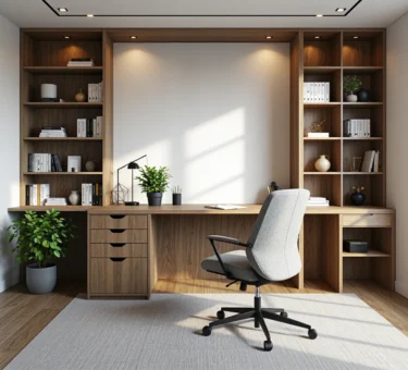 Gabinet domowy z biurkiem drewnianym i regałami wbudowanymi w ścianę