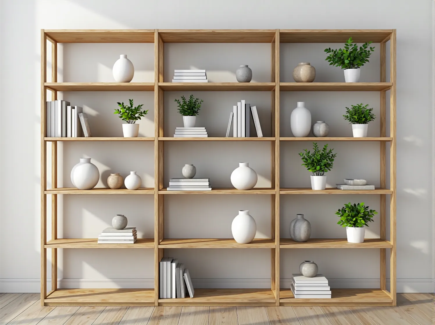 Detal regału z naturalnego drewna w stylu skandynawskim podkreślający jakość wykonania