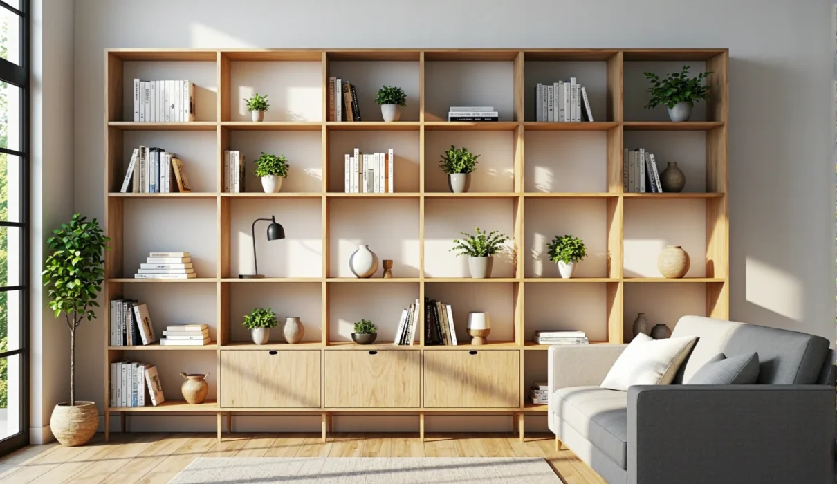 Regał skandynawski dębowy z książkami i roślinami w jasnym salonie