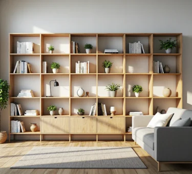 Regał skandynawski dębowy z książkami i roślinami w jasnym salonie