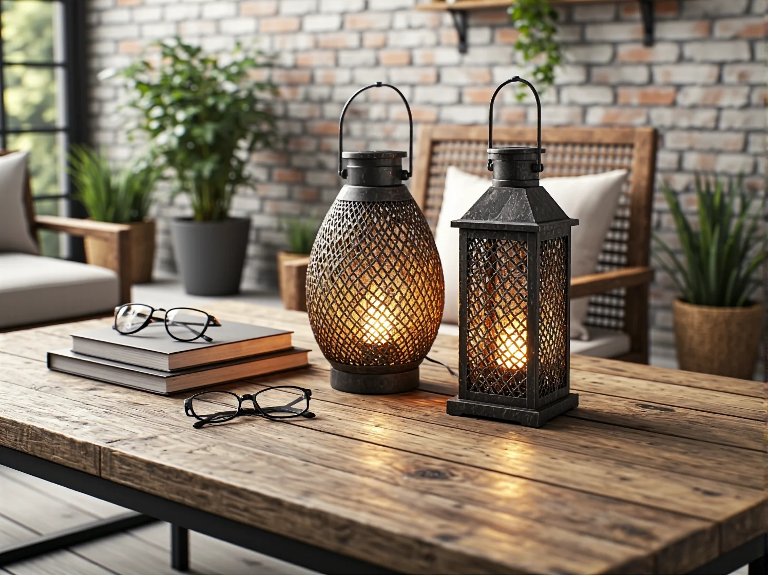 Stylowy lampion solarny retro wiszący nad stolikiem kawowym na tarasie.