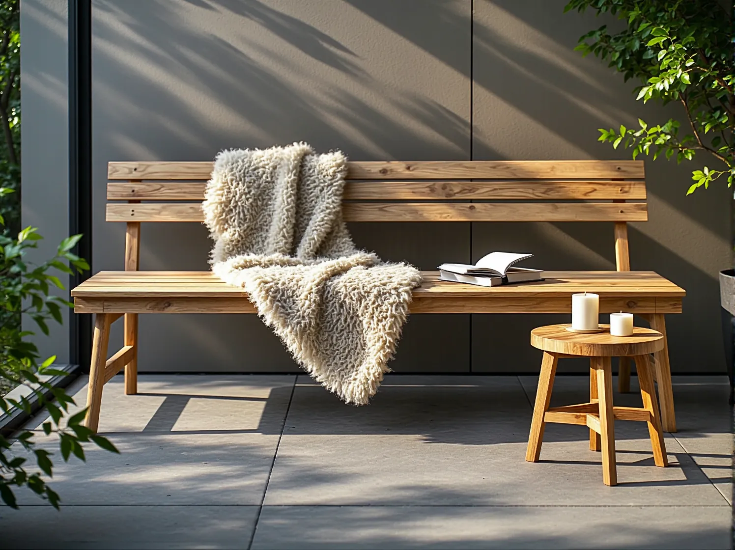Nowoczesny zestaw mebli skandynawskich na małym balkonie otoczonym roślinnością i klimatycznym oświetleniem.
