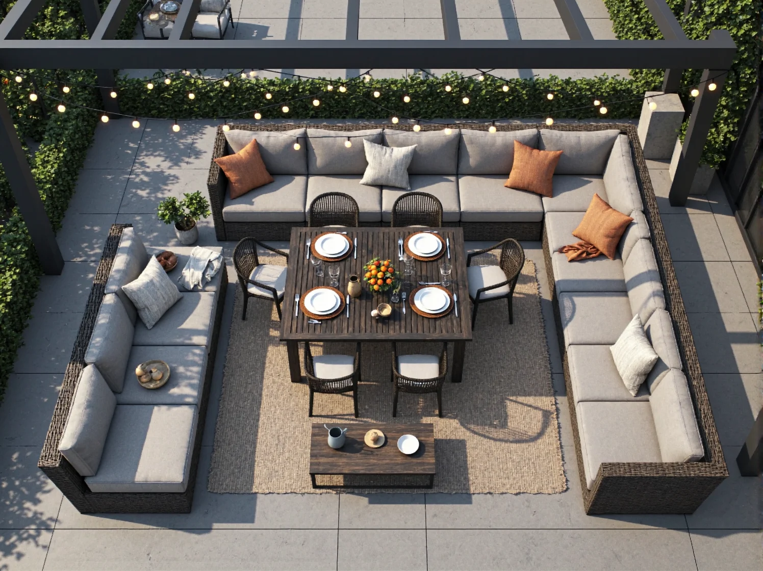 Komfortowa sofa modułowa na taras z miękkimi poduszkami w stylu skandynawskim.