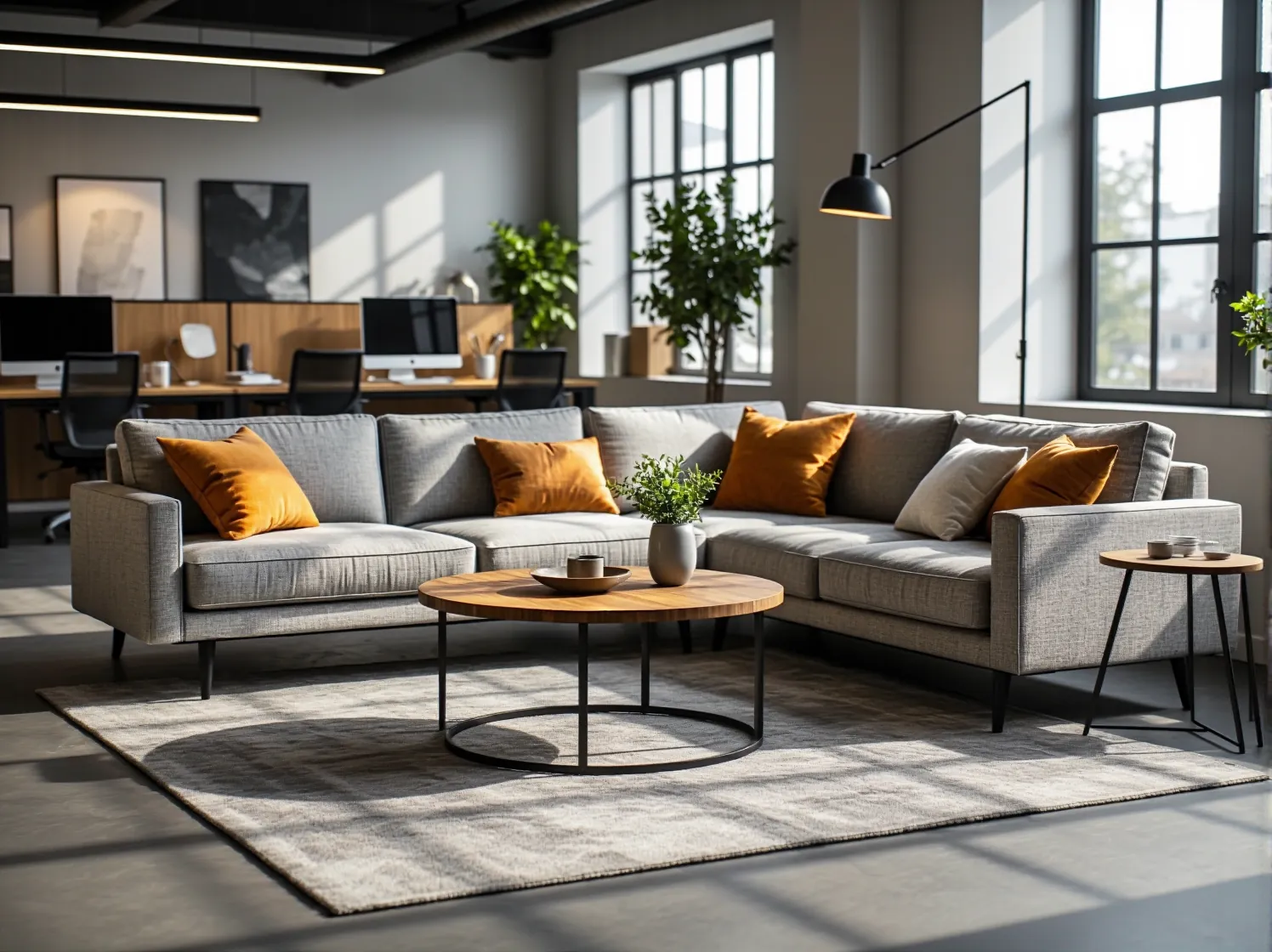 Duży, prosty stół konferencyjny w minimalistycznej sali spotkań przestrzeni wspólnej.