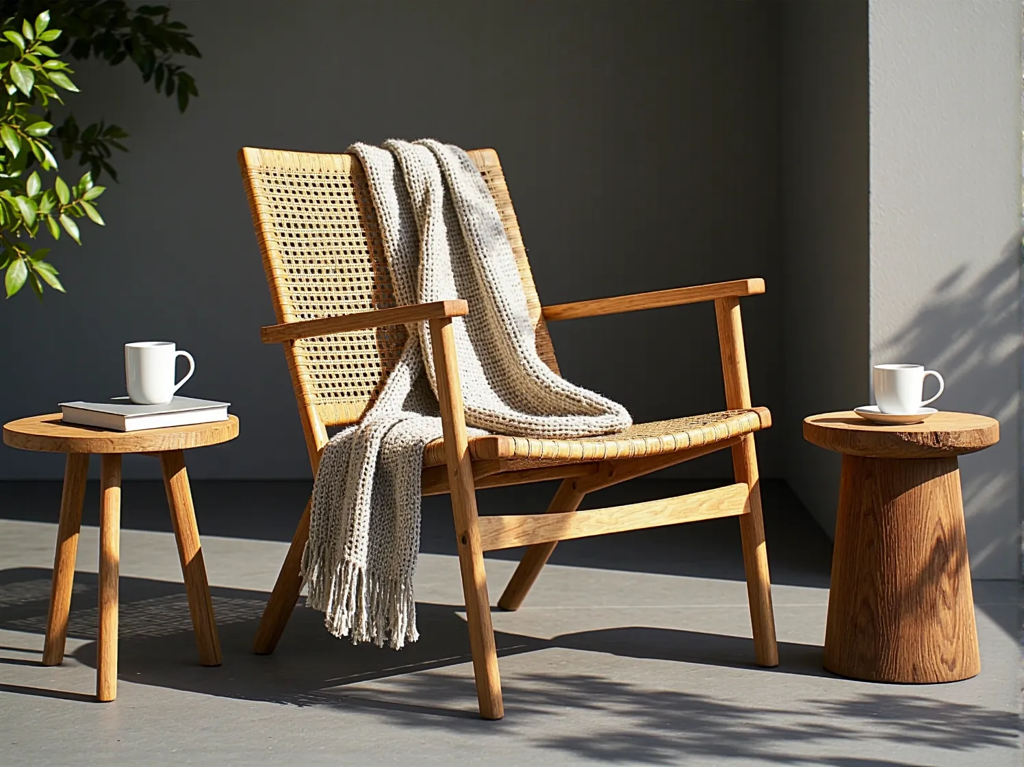 Wygodna strefa relaksu na zewnątrz z minimalistyczną sofą skandynawską i tekstyliami odpornymi na pogodę.