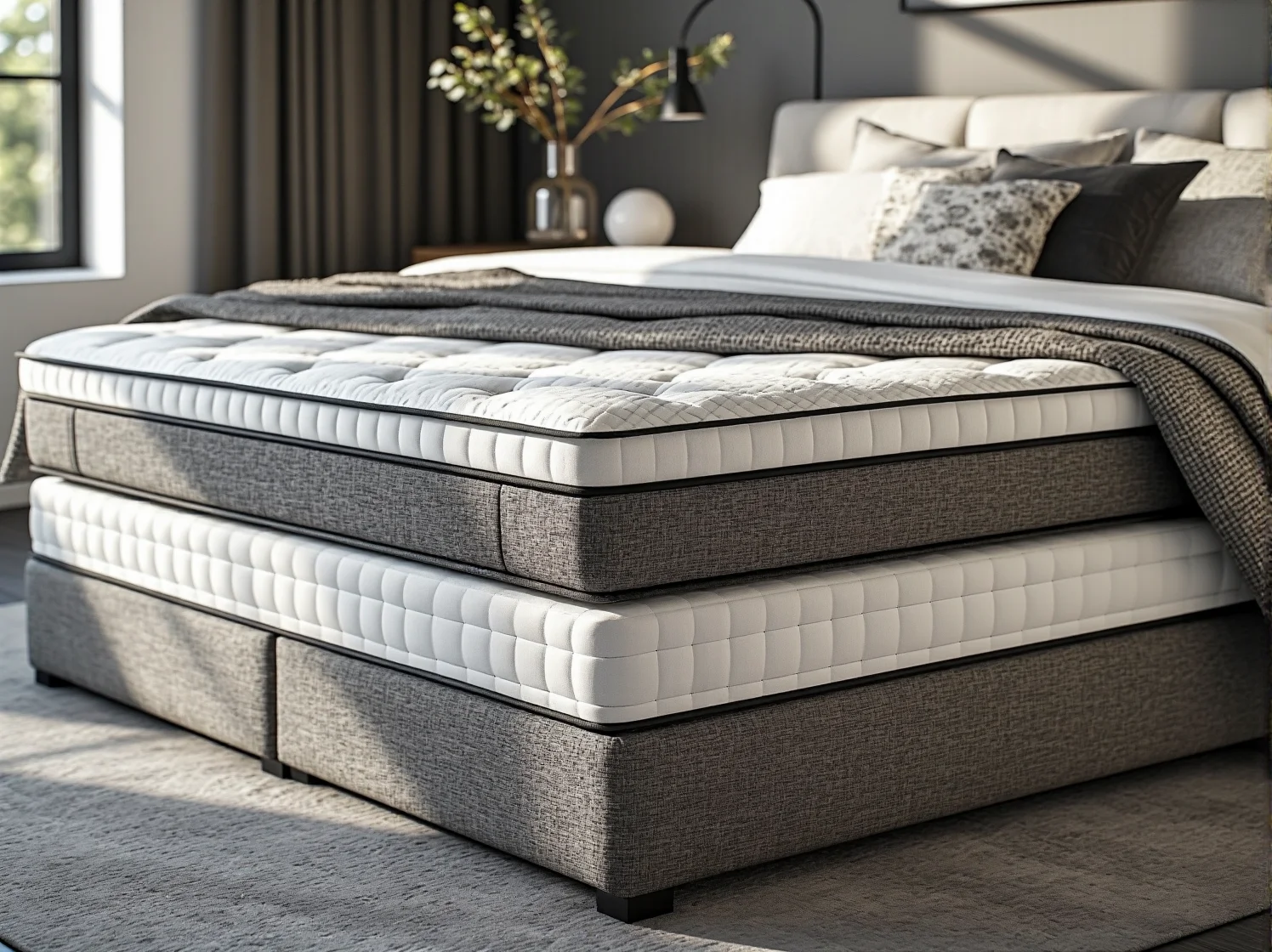 Stylowe łóżko kontynentalne z wysokim wezgłowiem, idealne do eleganckich wnętrz.