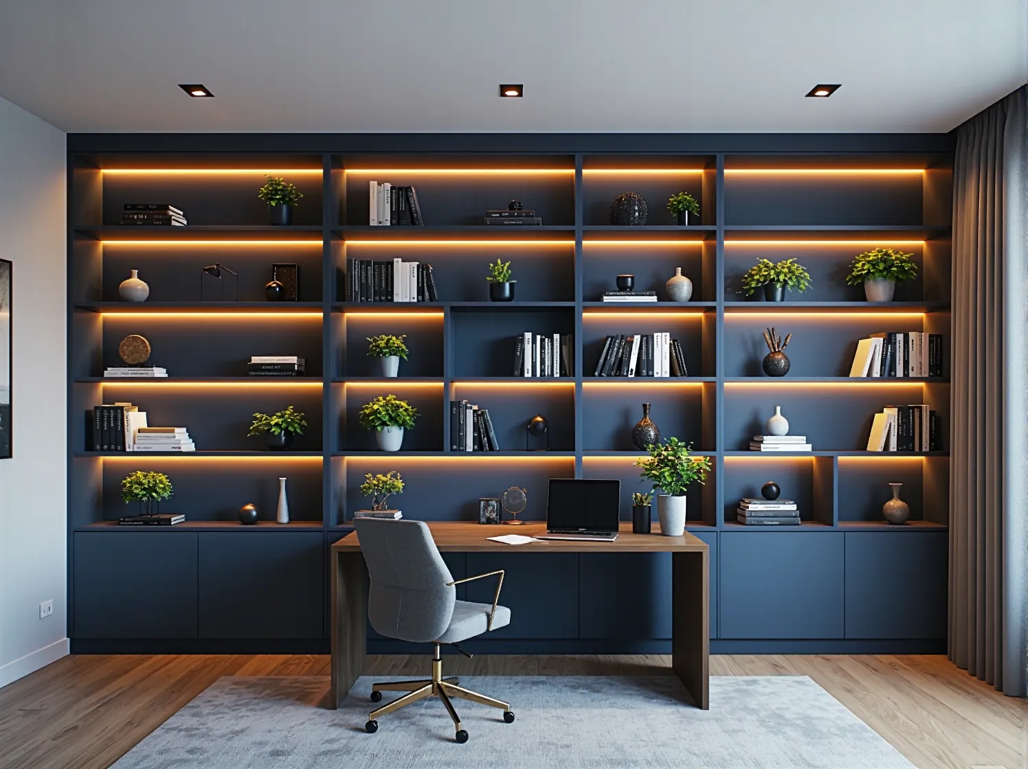 Sypialnia z efektownym podświetleniem LED łóżka, przykład nowoczesnej technologii.