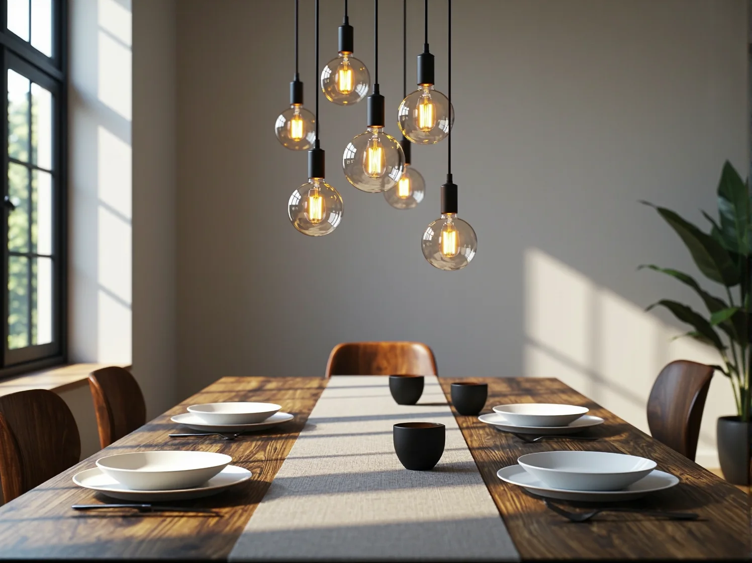 Elegancka szklana lampa wisząca która dodaje lekkości jadalni o małej wysokości.