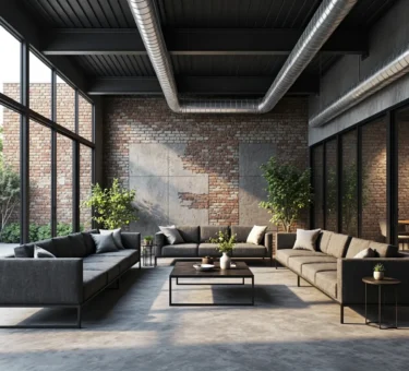 Loftowy salon z sofami na metalowej ramie przy ceglanej ścianie