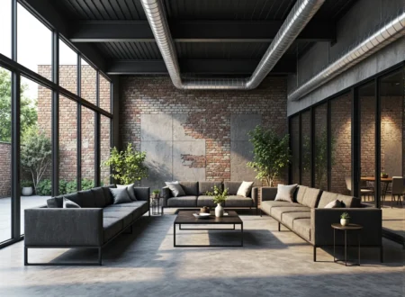 Loftowy salon z sofami na metalowej ramie przy ceglanej ścianie