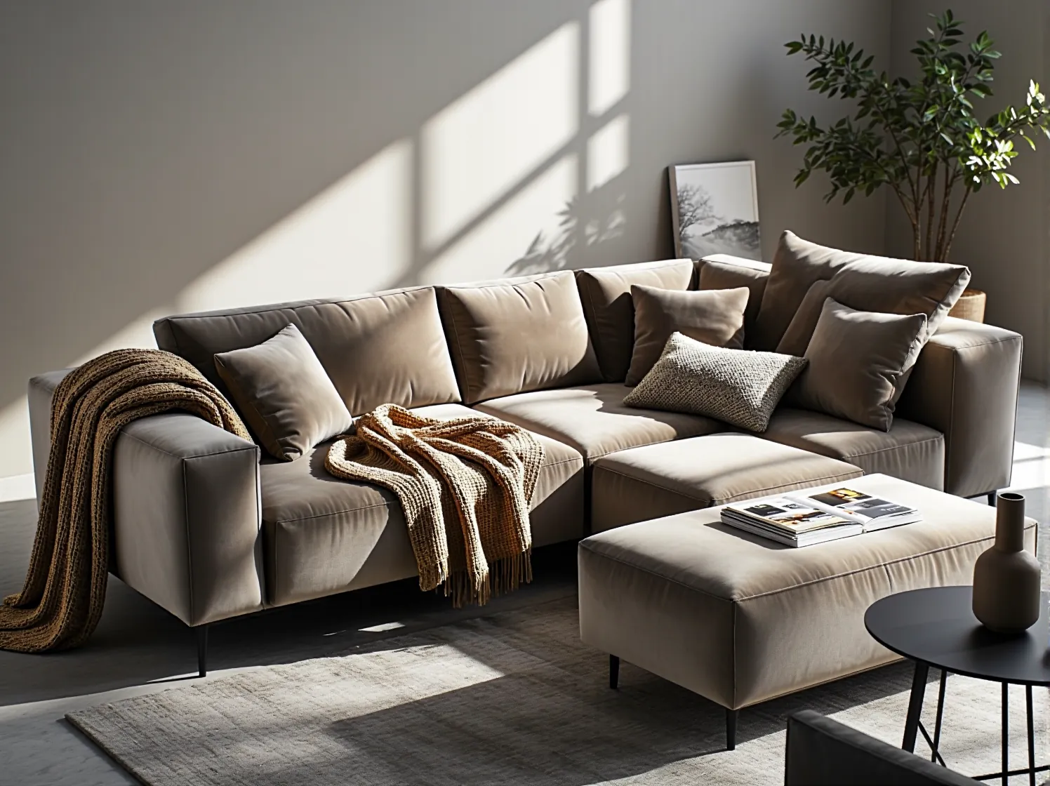 Zbliżenie na miękką i lśniącą strukturę tkaniny welurowej na meblu wypoczynkowym.