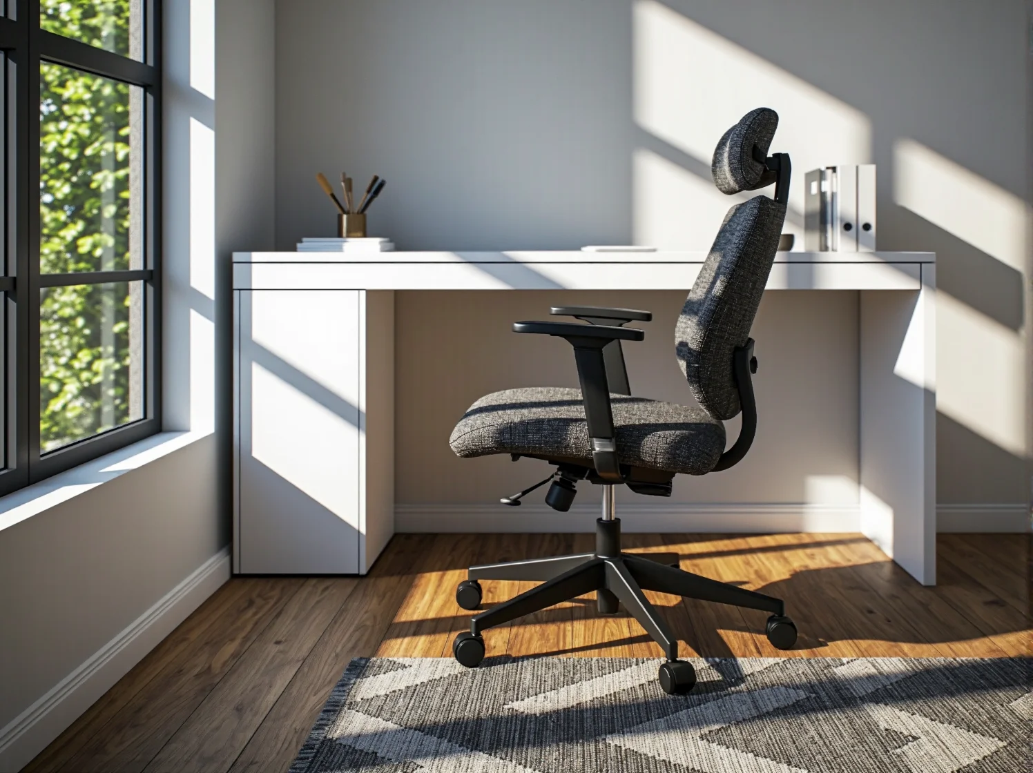 Trwałe krzesło biurowe z oddychającego materiału z podparciem lędźwiowym.