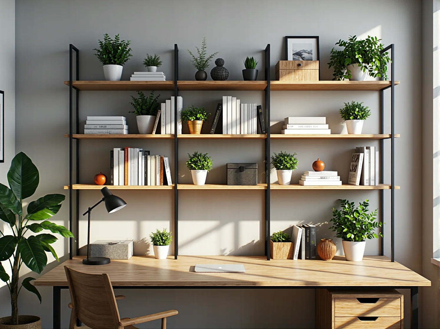 Funkcjonalny parawan oddzielający miejsce pracy od kanapy w małym salonie.