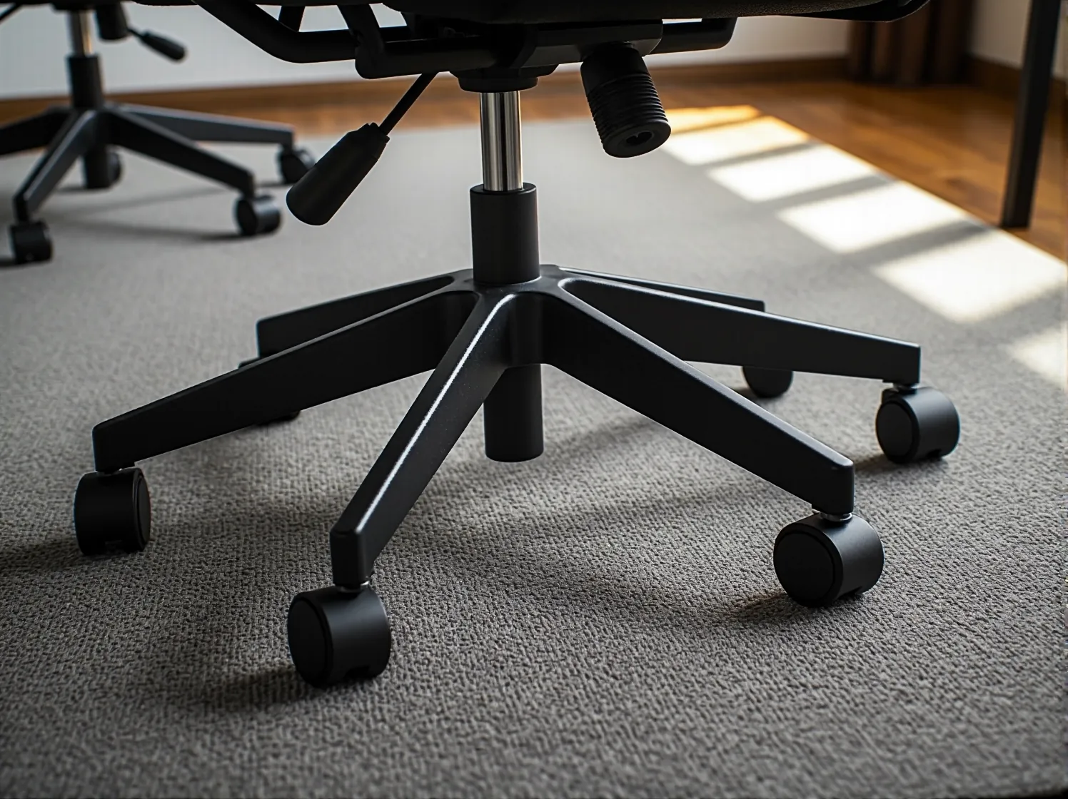 Wygodne krzesło biurowe z regulowanymi podłokietnikami do codziennej pracy przy biurku.