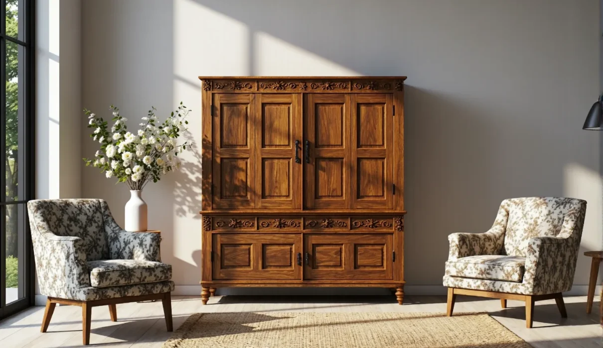 Drewniana szafa stylizowana z rzeźbieniami między fotelami z kwiatowym wzorem