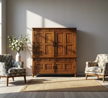 Drewniana szafa stylizowana z rzeźbieniami między fotelami z kwiatowym wzorem